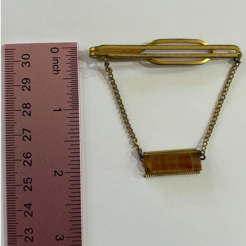 Anson Tie Clip Bar Vintage Gold Tone with Amber Stone Elegant Mens Jewelry 1960s